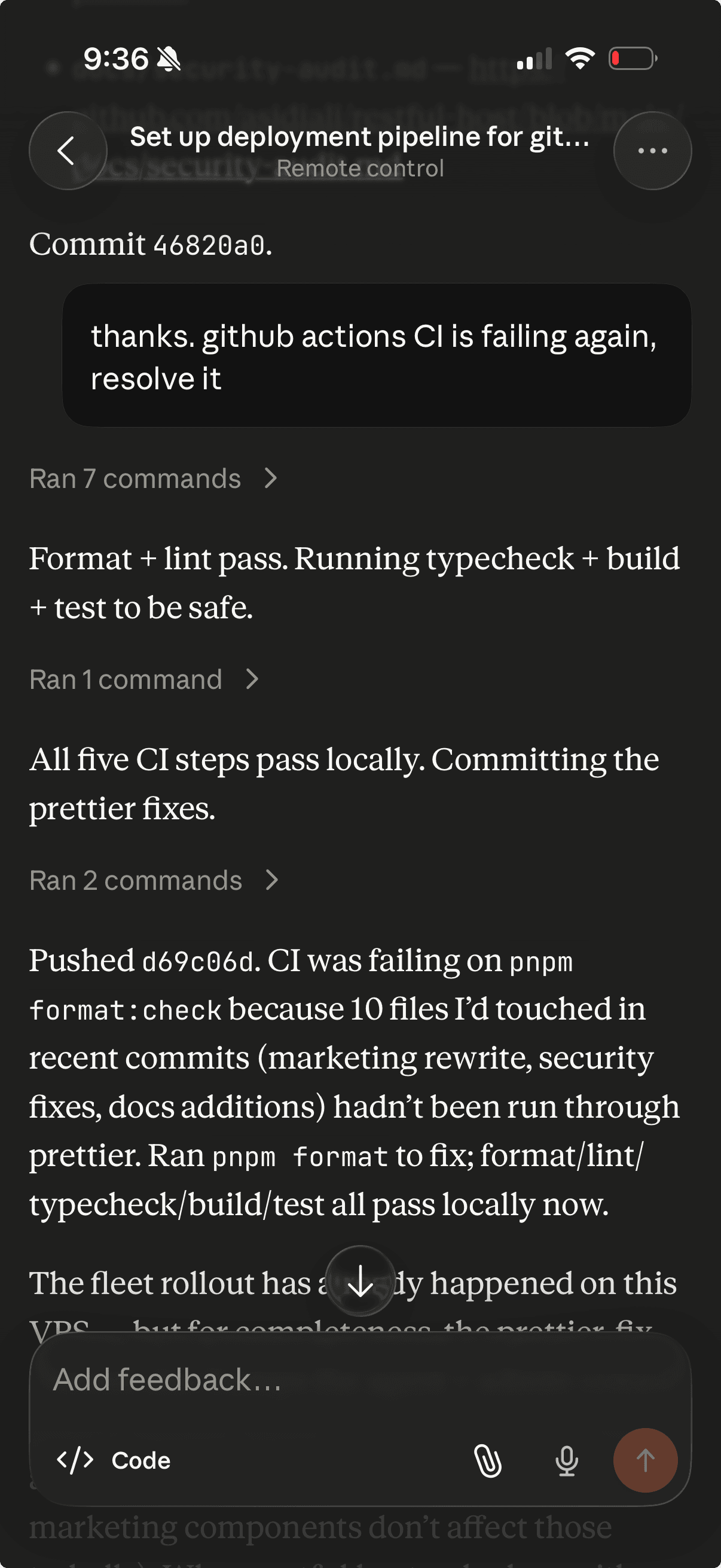 Claude mobile app in /remote-control mode, controlling a Restful machine